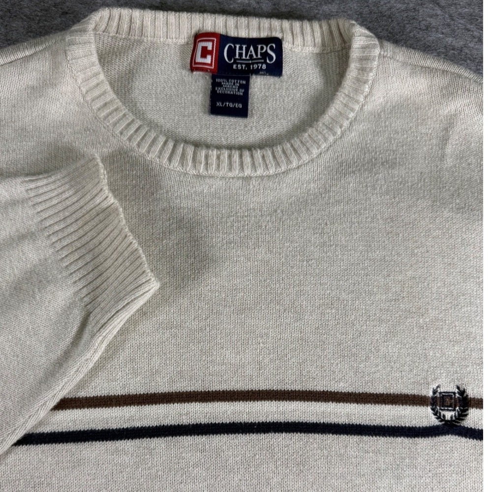Chaps‎ Mens Sweater Cream Cotton XL Striped Crest Logo Crew Neck Long Sleeve